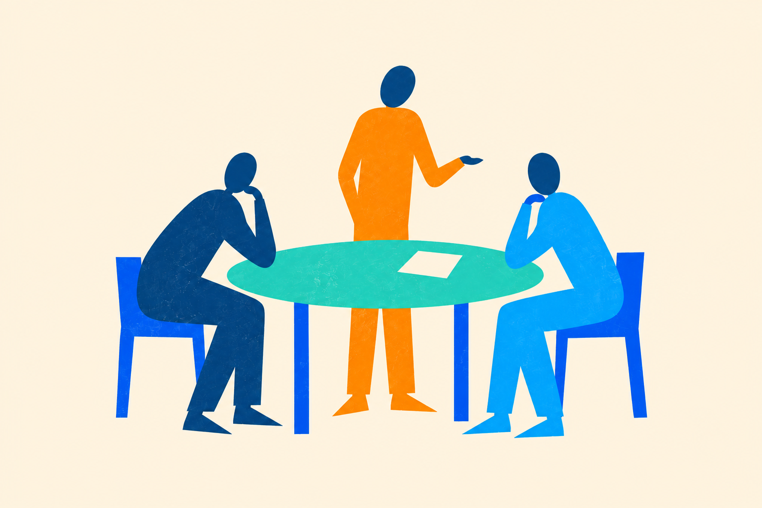 Paper-cut illustration of three people discussing an idea around a table