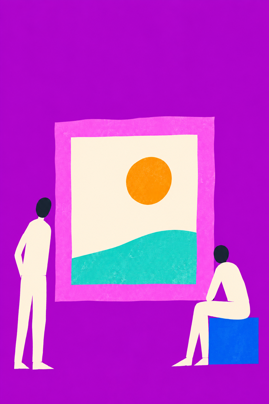 Monoprint illustration of two people looking through an open frame