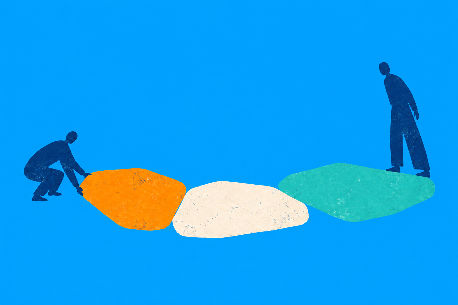 Paper-cut illustration of two people building a path together