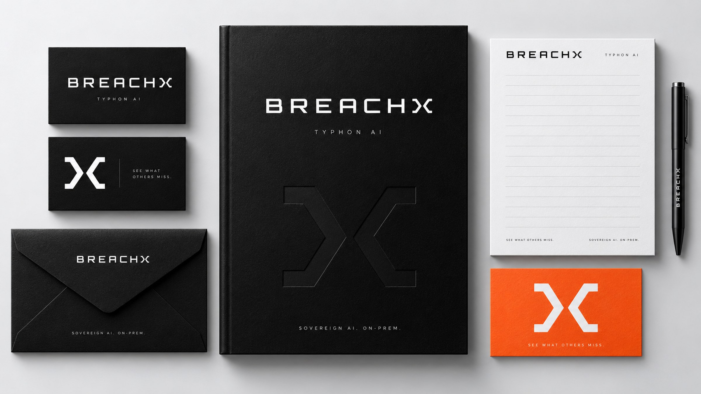 BreachX stationery: two business cards, an envelope, a debossed notebook, a lined notepad, a branded pen and a coral card, arranged flat on a pale grey surface