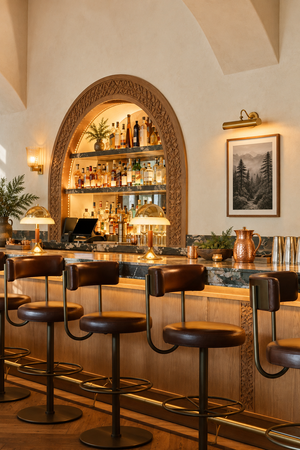 Deodar bar with an arched bottle recess, carved cedar, antique brass and leather stools