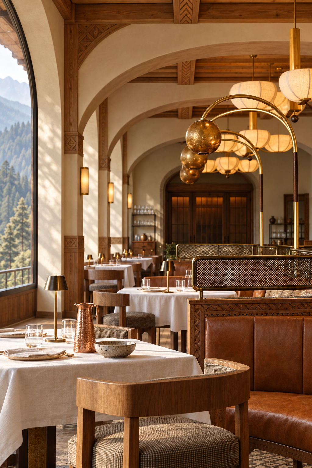 Sunlit dining room with cedar arches, linen-covered tables and a view of forested mountains