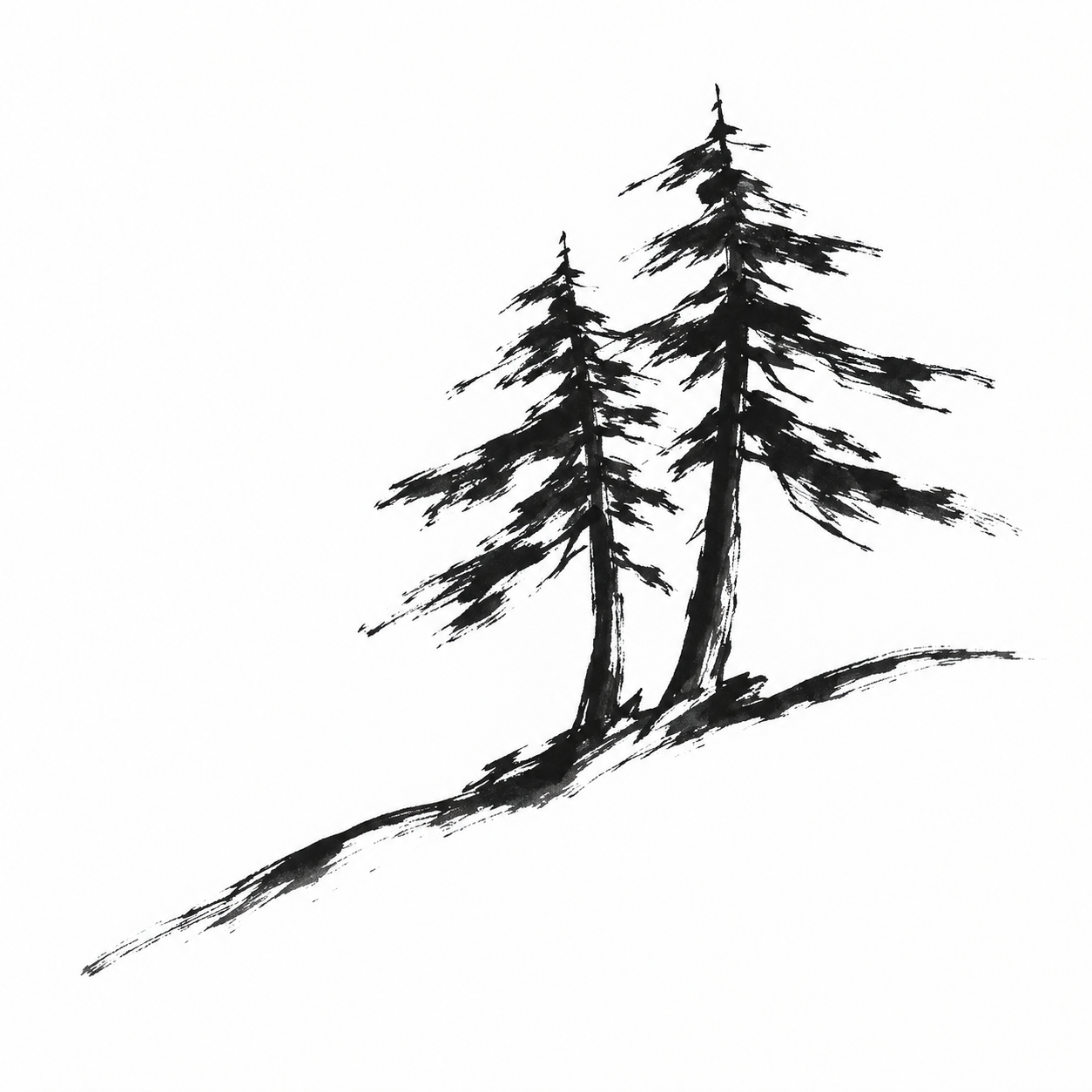 Two cedar trees and a hillside suggested with bold, broken black brushstrokes