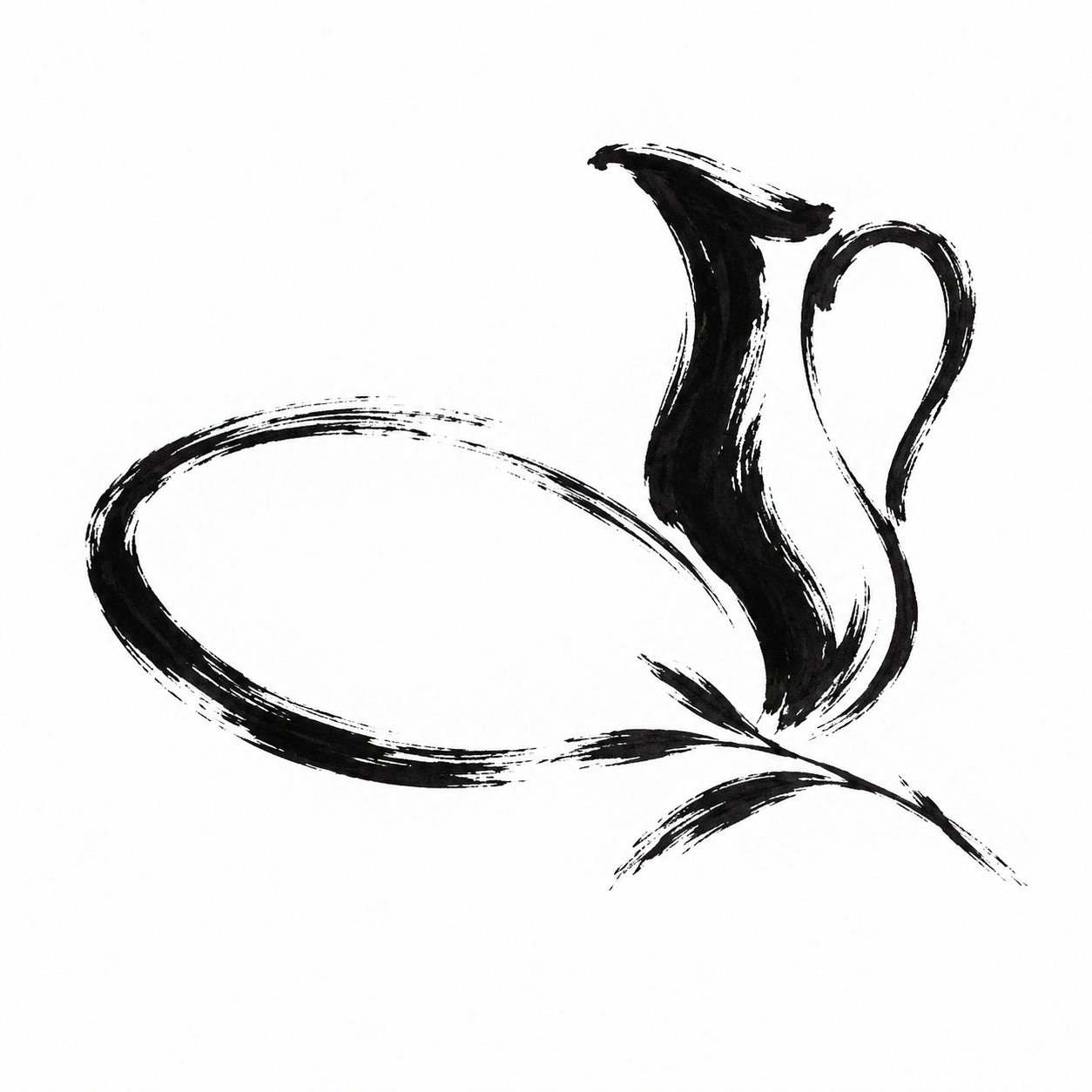 A plate, jug and twig drawn with flowing, open black ink gestures