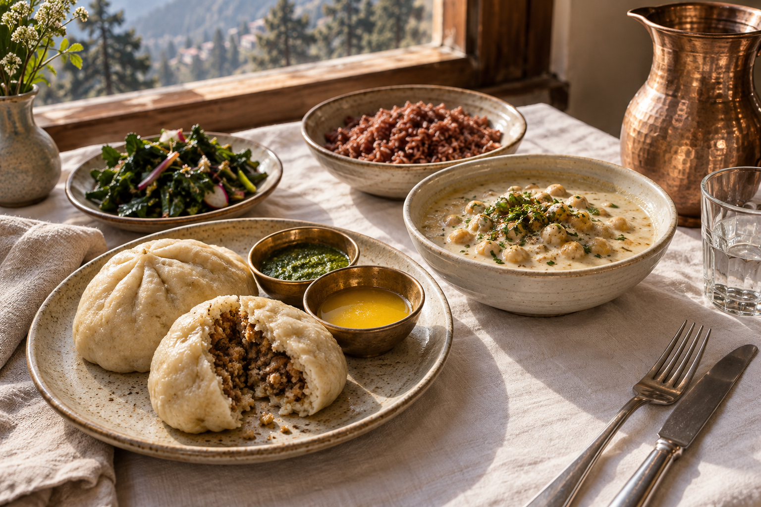 A Himalayan lunch of walnut siddu, chickpea madra, red rice and seasonal greens in warm window light