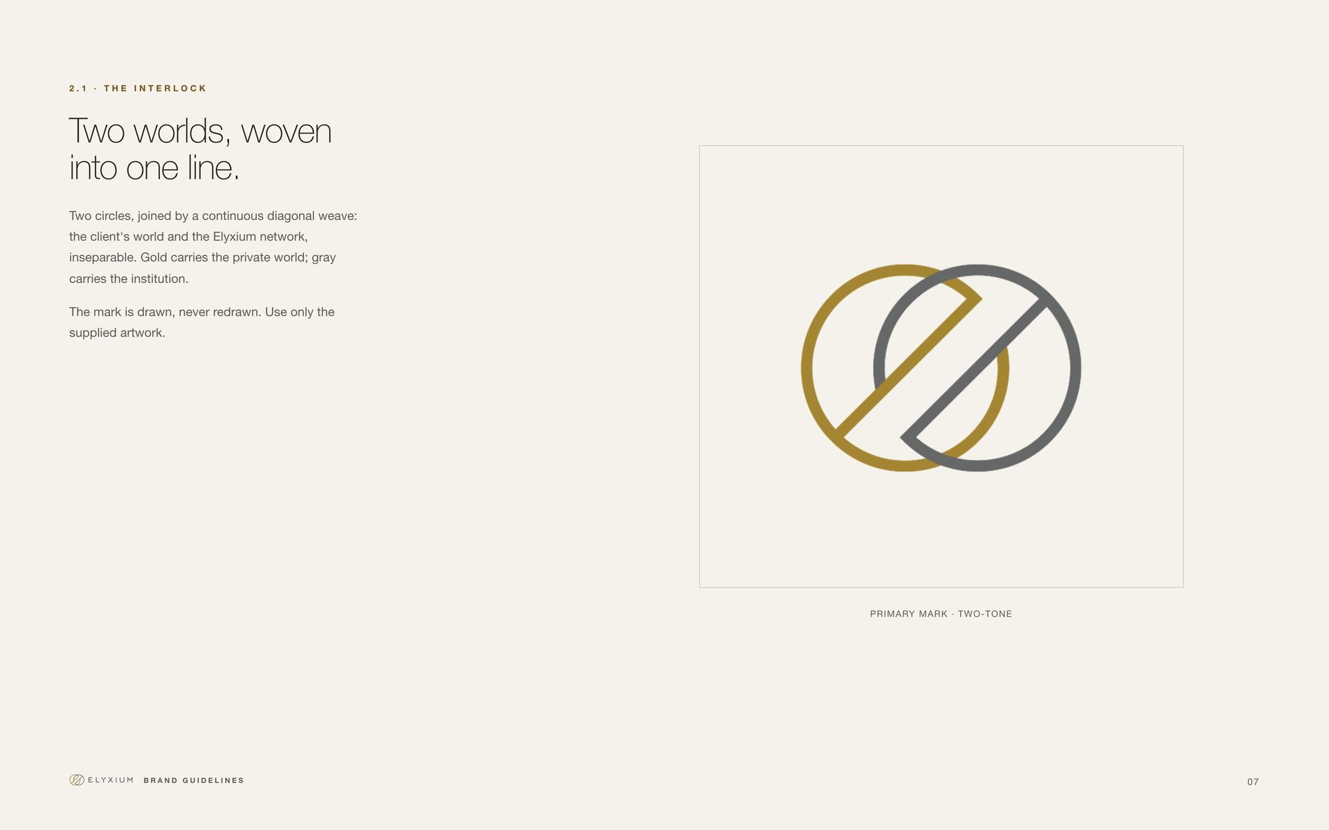 Original Elyxium brand book spread explaining the interlocking mark