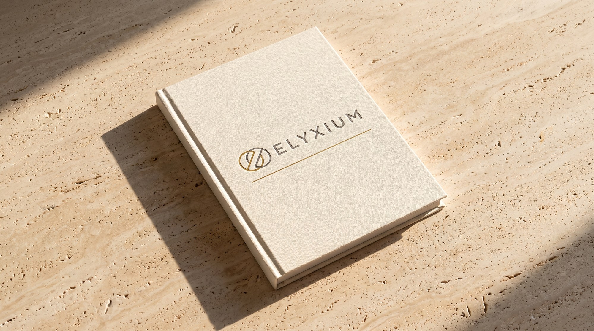 Elyxium report cover on warm travertine, with the original brand lockup