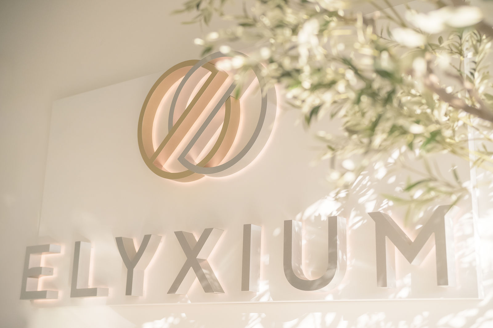 The Elyxium sign and sunlit foliage
