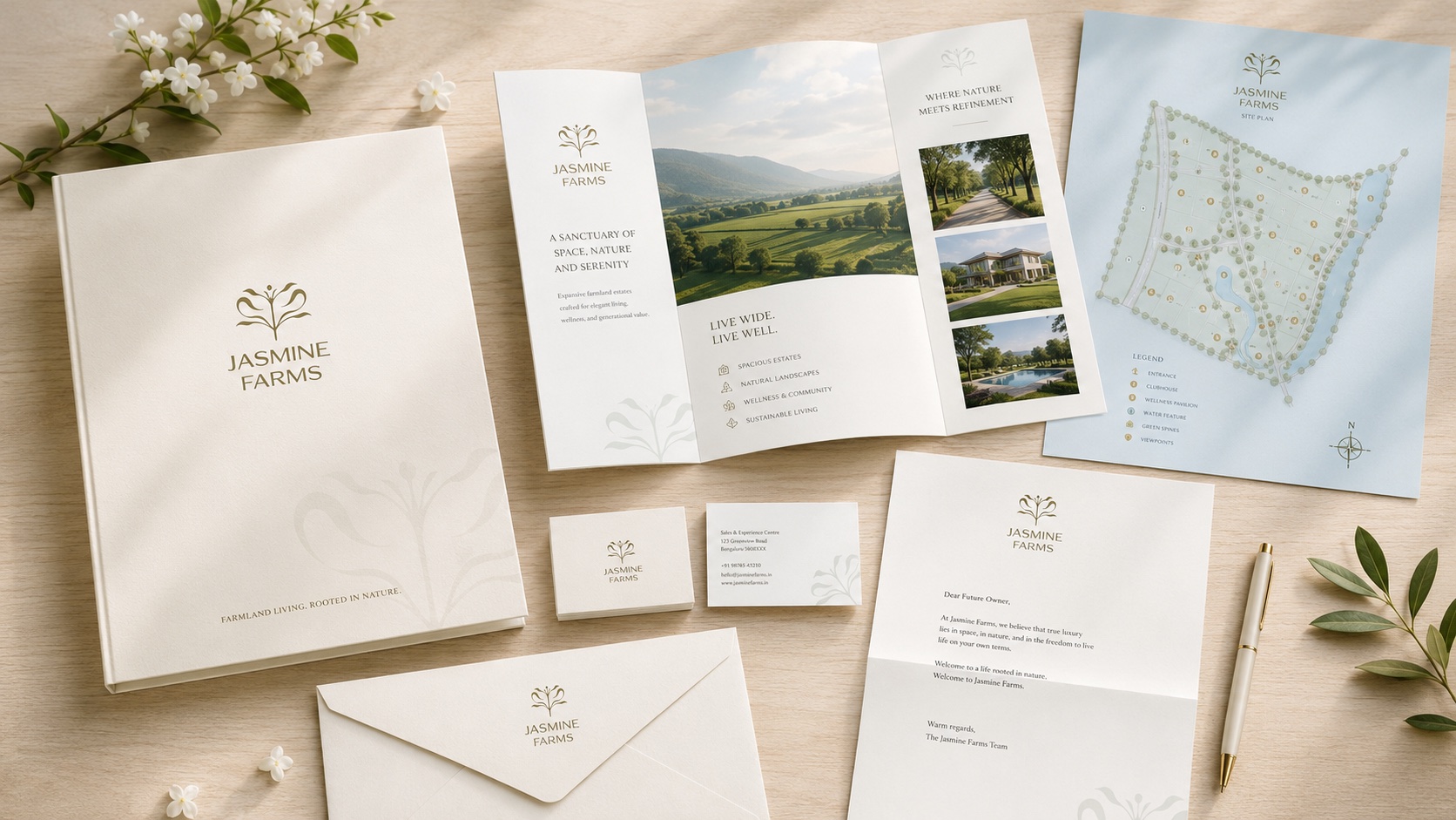 The identity suite · Field greens, warm paper and room to breathe.