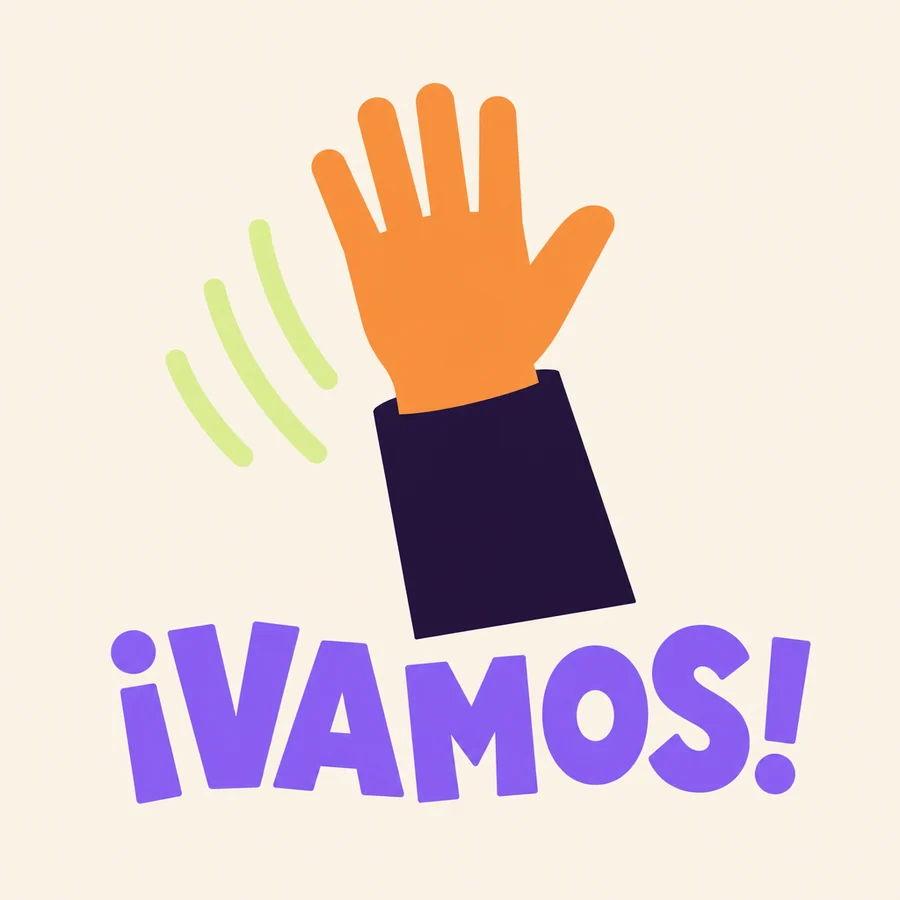 A flat cut-paper sticker of a waving hand with the word ¡Vamos!