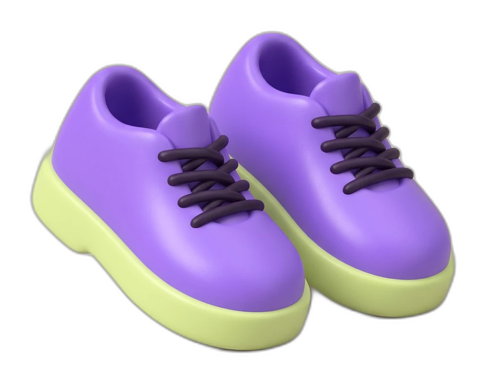 A pair of violet toy sneakers mid-step
