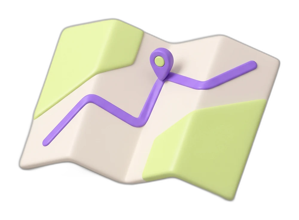 A folded toy map with a violet route and a pin