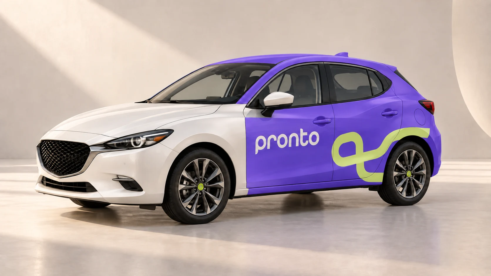 Pronto vehicle livery concept on a full-size pearl-white and violet hatchback with a lime route graphic