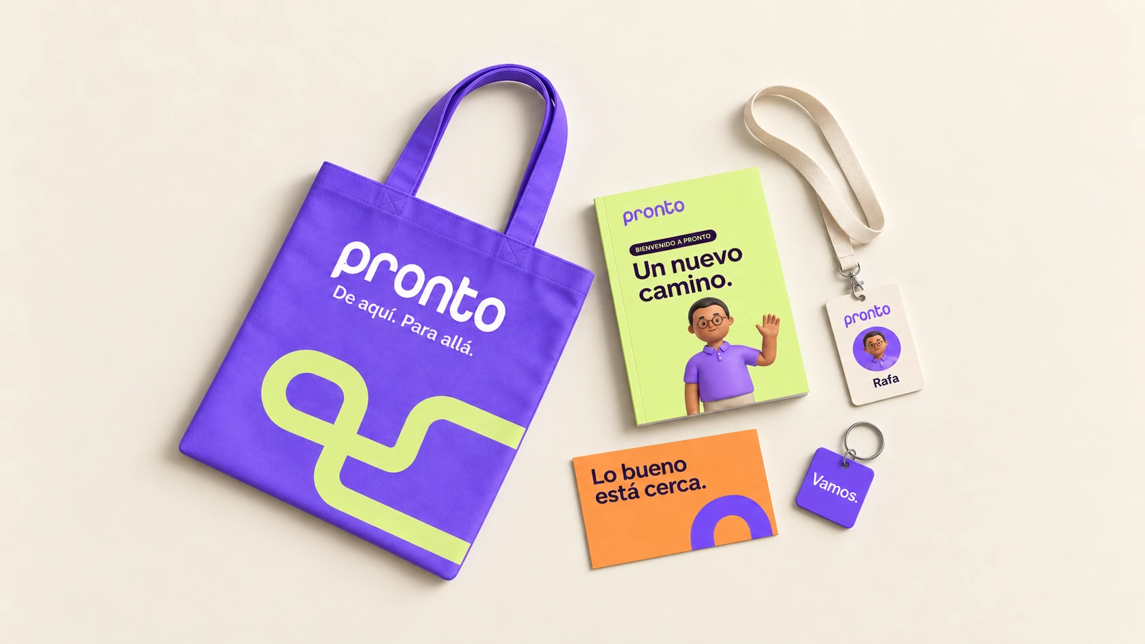 Pronto driver welcome kit with a violet tote, lime guide, cream ID and lanyard, orange postcard and violet key tag