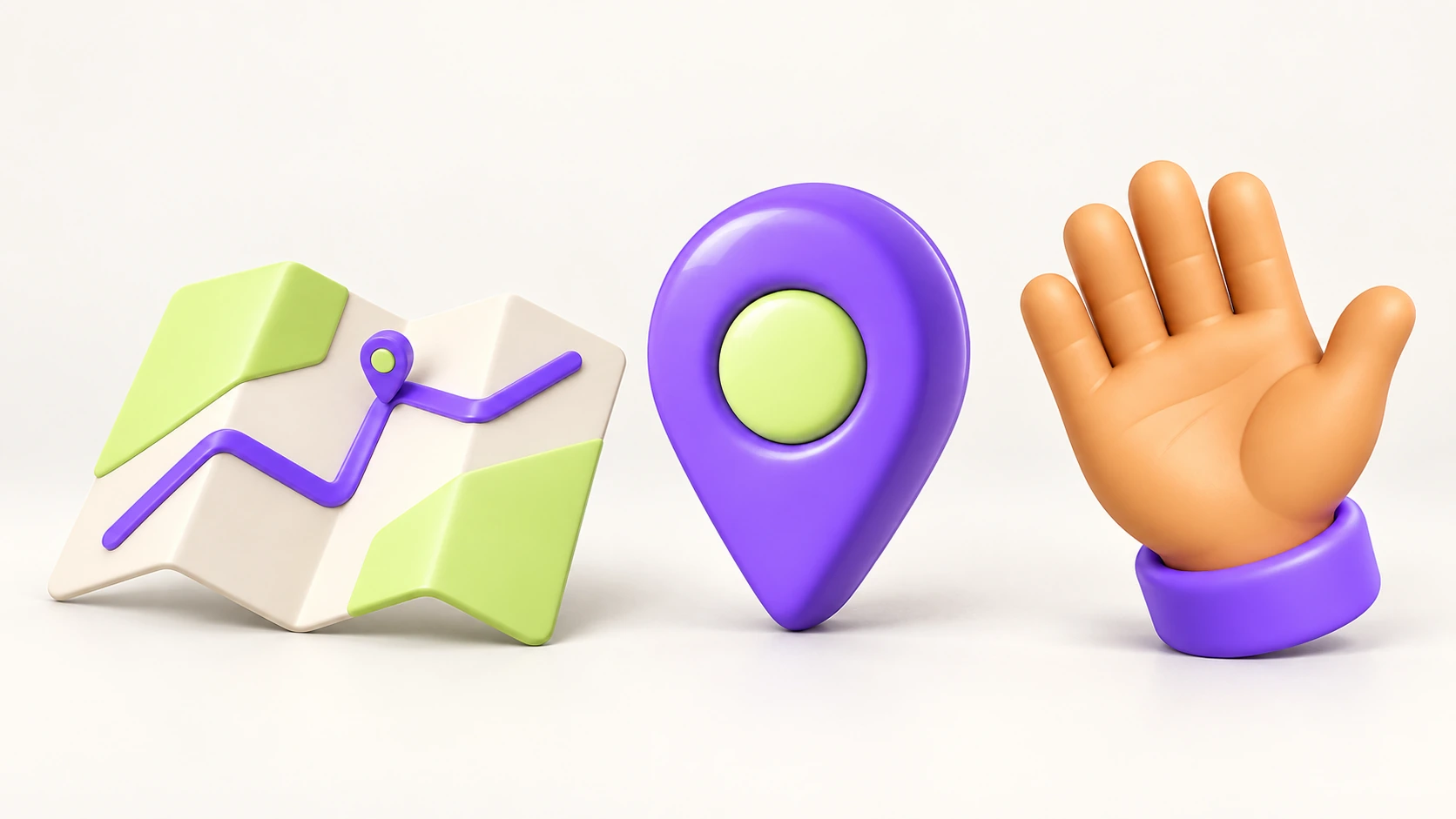 The Pronto object family: a folded route map, violet location marker and waving hand, photographed together in an ivory studio