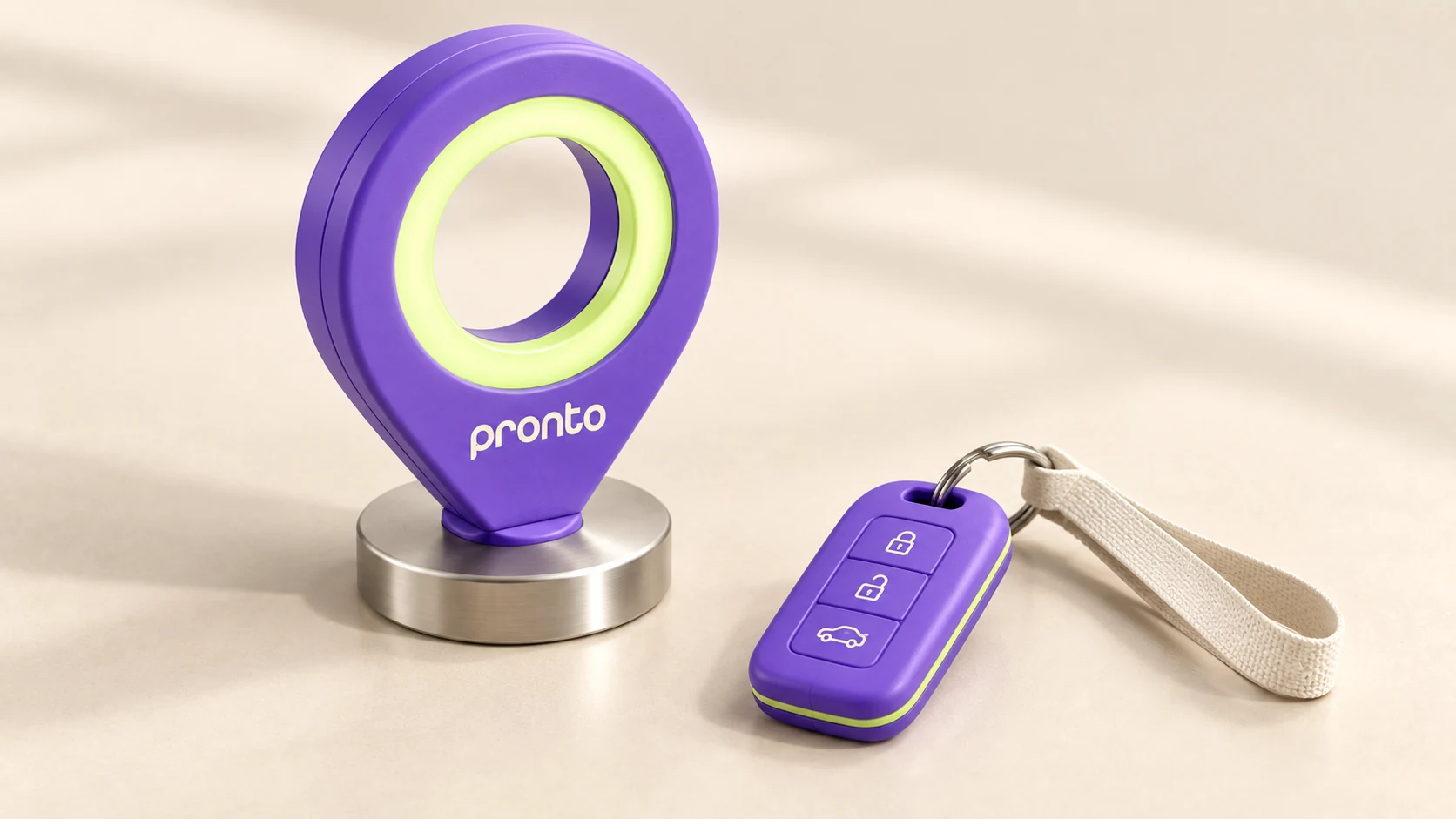 A satin violet pickup beacon with a luminous lime ring and brushed-metal base, beside a driver key with a woven cotton wrist strap