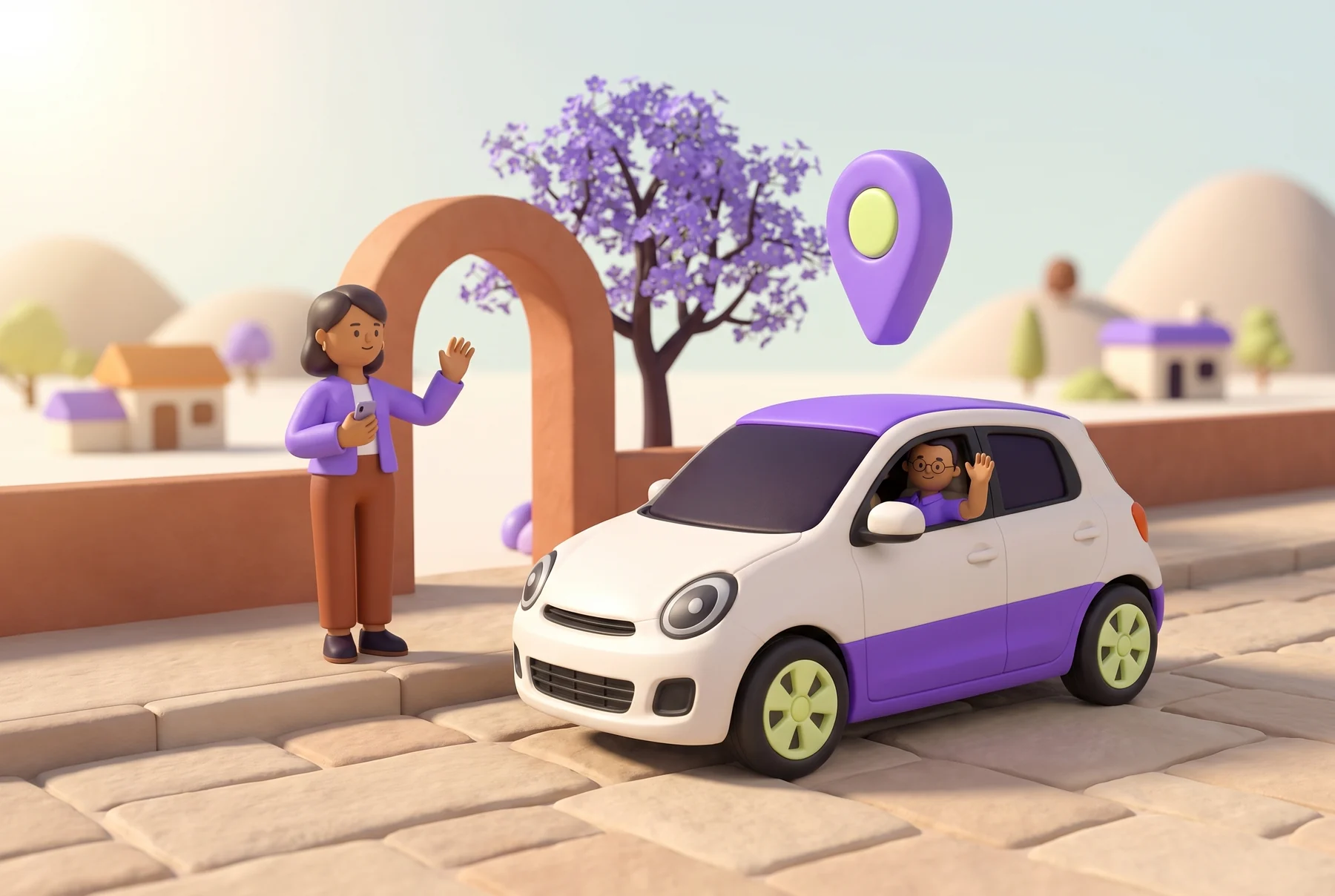 Pronto characters meeting beside a car at their pickup point.