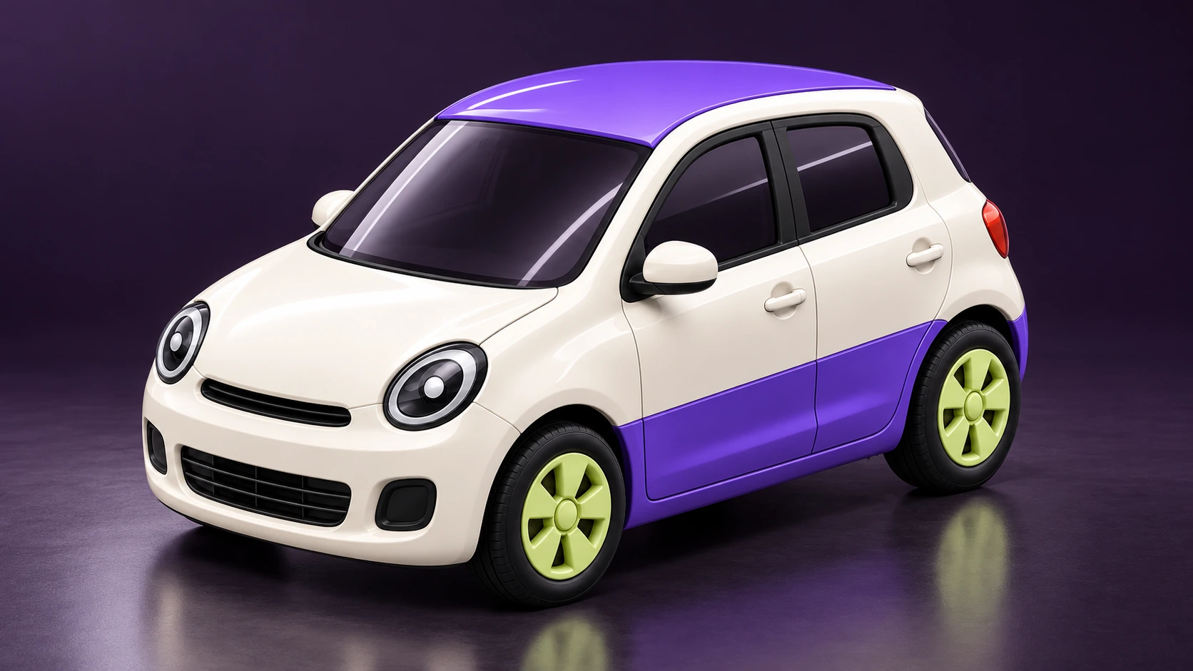 Pronto’s compact ivory and violet car, rendered in a dark studio with lime wheels and sculpted reflections