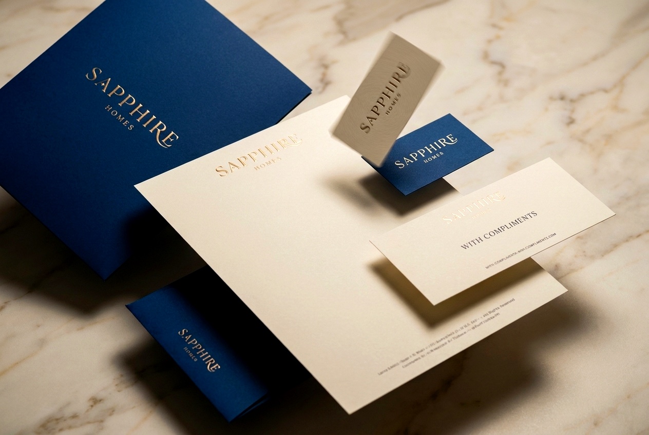 Stationery · Deep sapphire, ivory stock and a restrained brass accent.