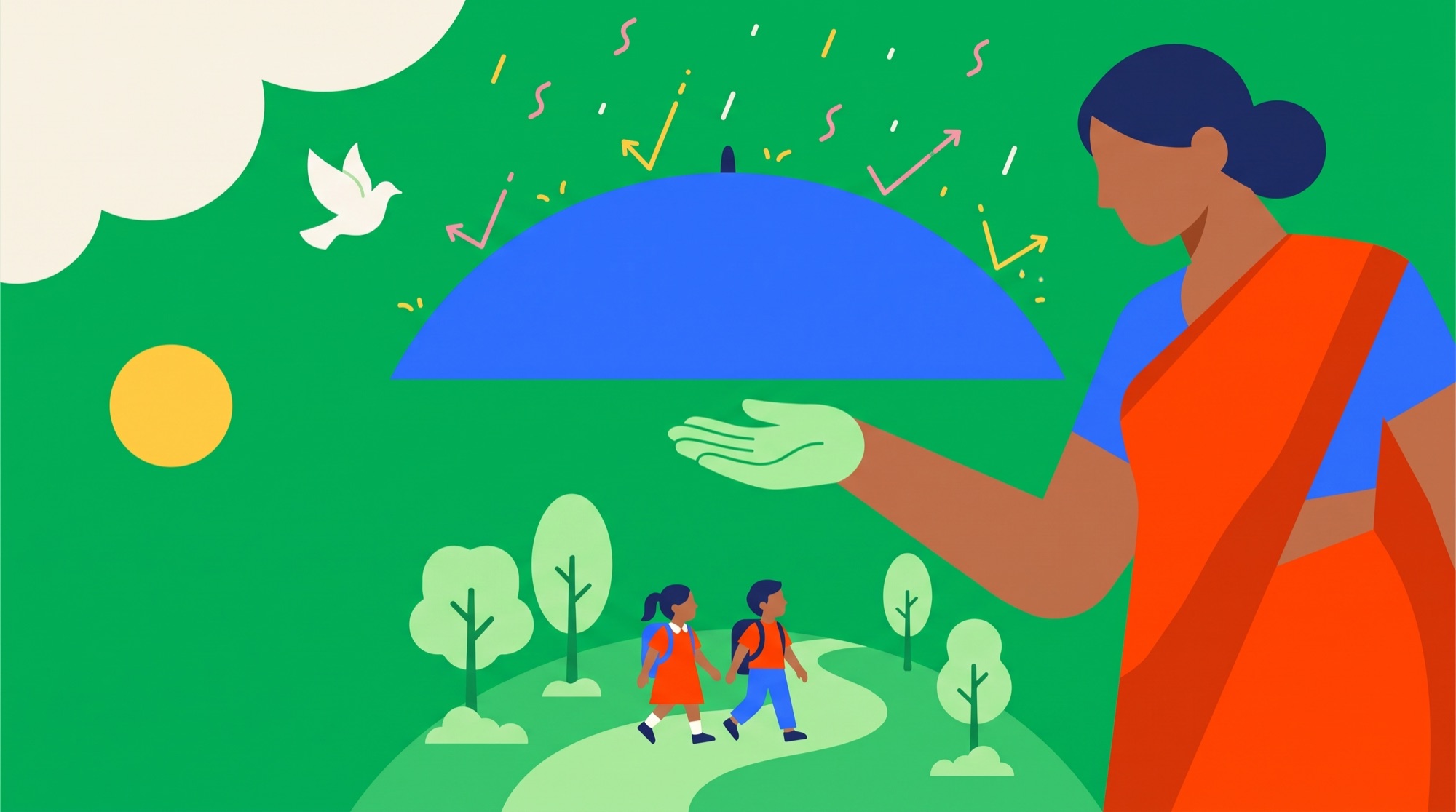 ScrollControl teacher illustration using a blue shelter to protect children