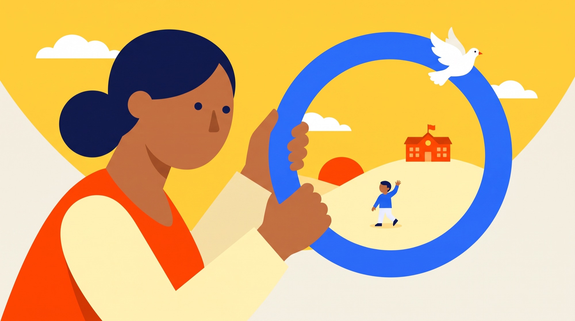ScrollControl illustration: a mother holds a blue circle around a child and a school