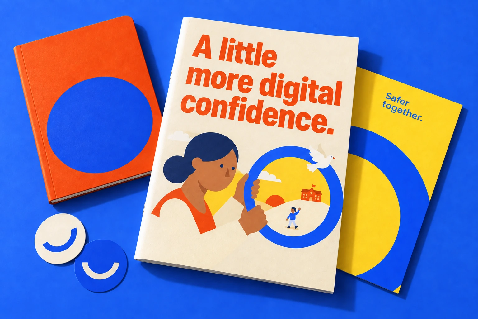 ScrollControl brand application study: an illustrated family learning kit with the original logo on blue