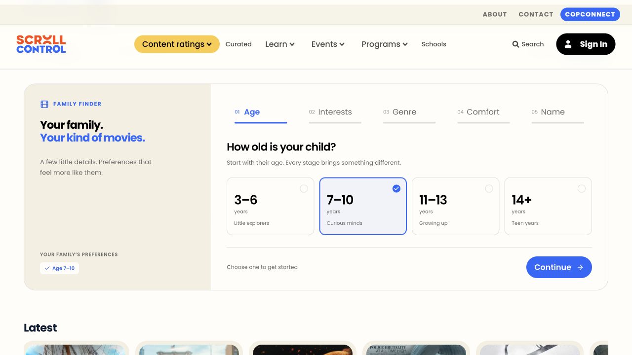 ScrollControl Family Finder with age choices, a five-step progress indicator and a family preference summary