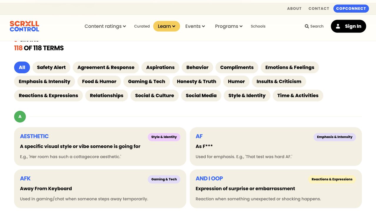 ScrollControl glossary category filters and definition cards showing terms, meanings and examples