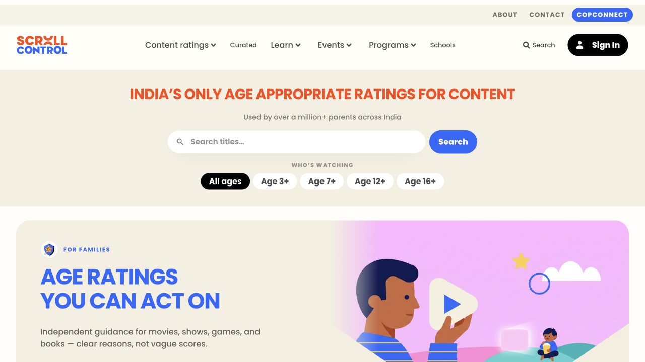 ScrollControl homepage with a central title search and age filters
