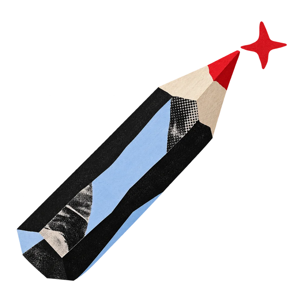 Textured pencil with a red tip and a four-point star