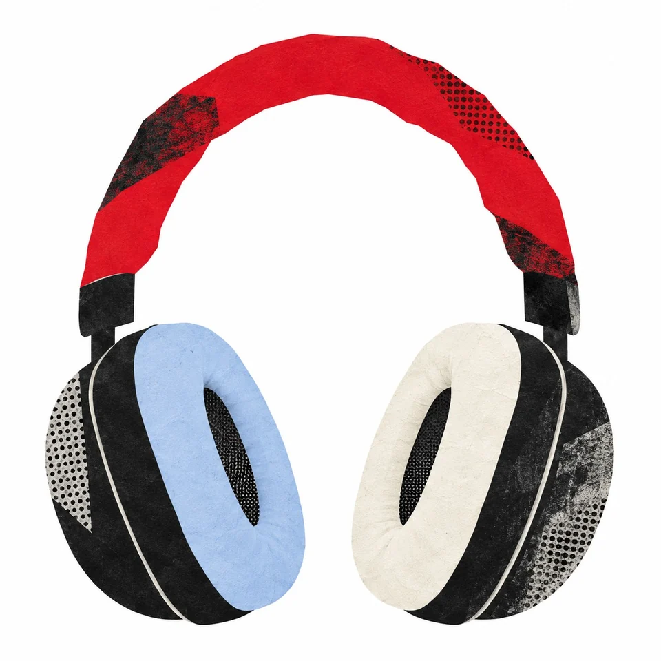 Headphones made from textured black, red and pale blue collage pieces