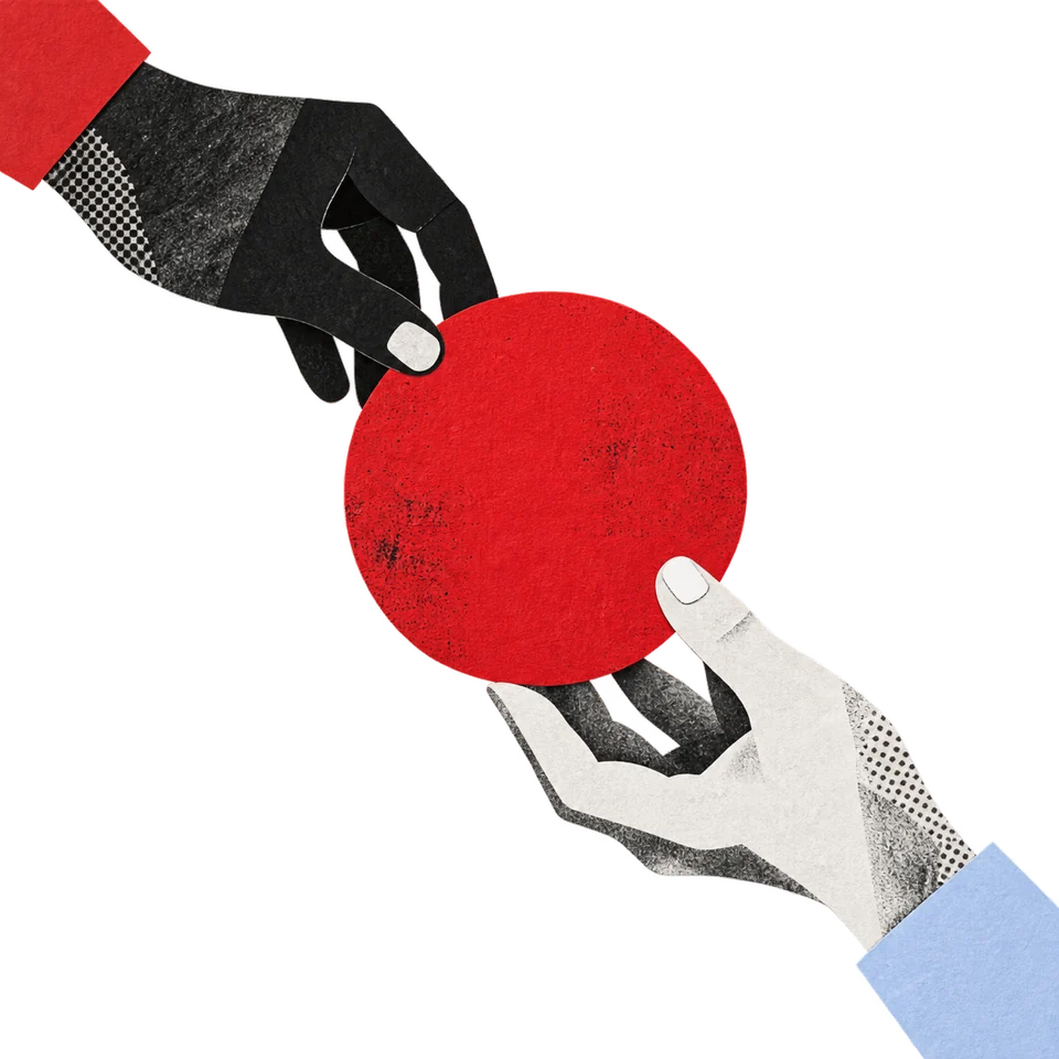 Collage of two hands passing a red circle