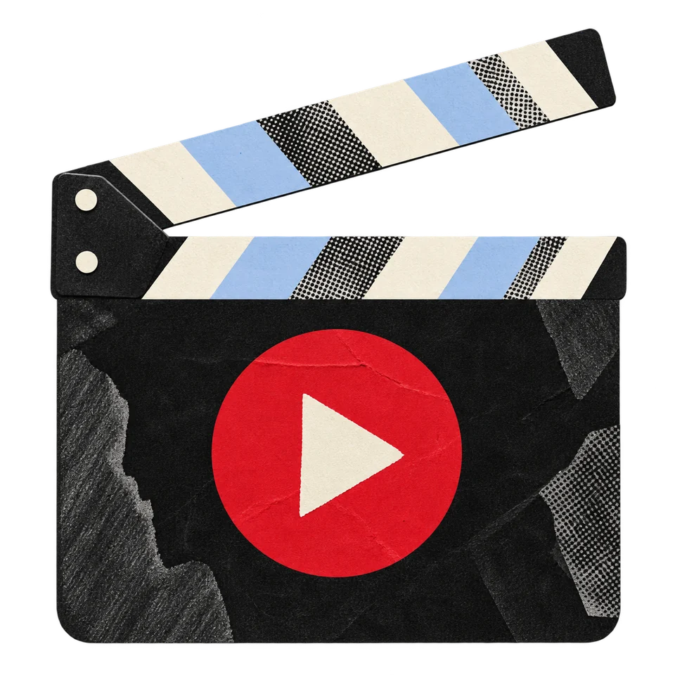 Clapperboard collage with a red play symbol