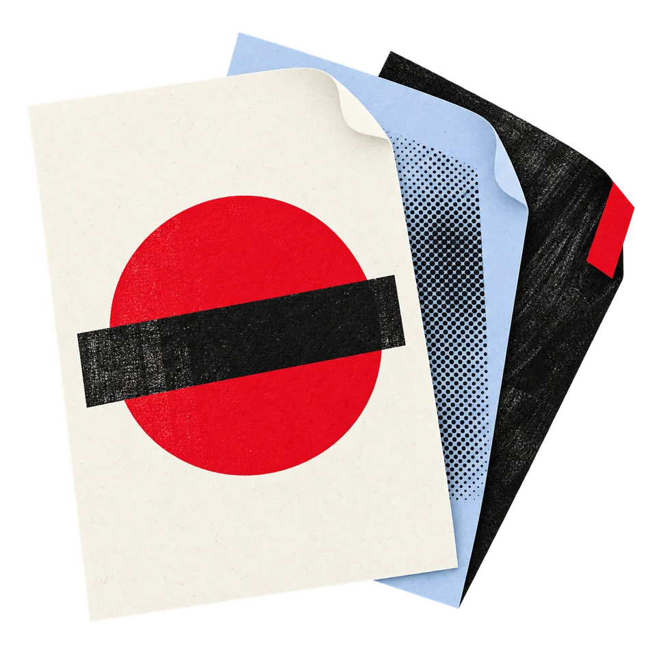 Layered presentation pages with a red circle and black band