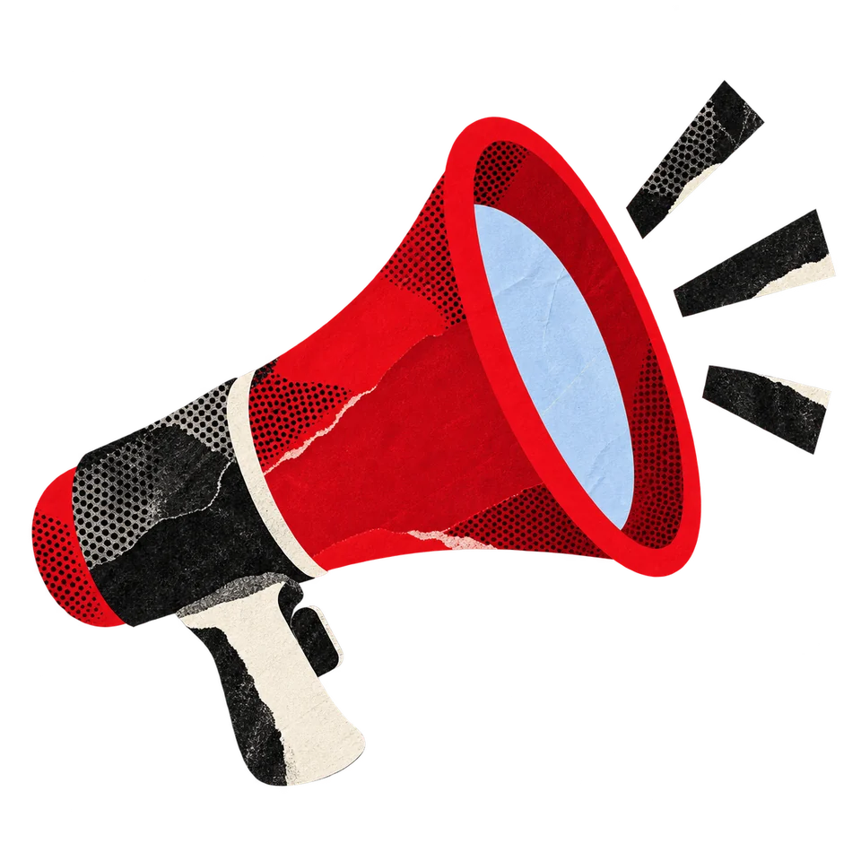 Red megaphone with textured black and blue collage details