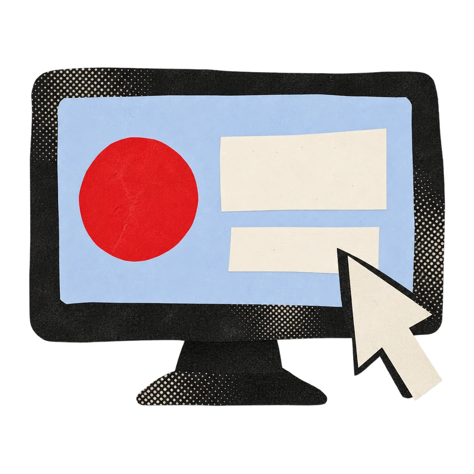 Collage computer displaying a red circle, content blocks and a cursor