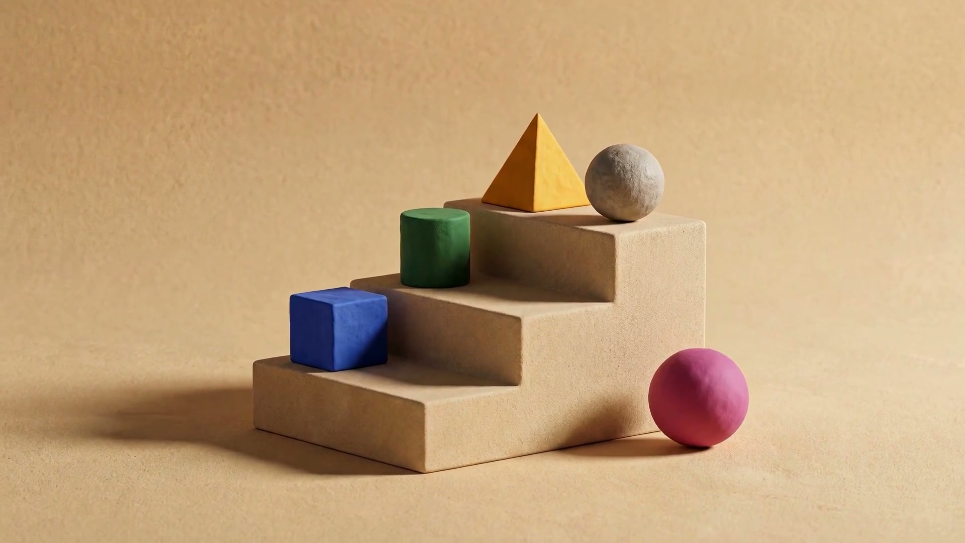 Blue, green, yellow and pink geometric forms settle around a sculptural staircase in the final film.