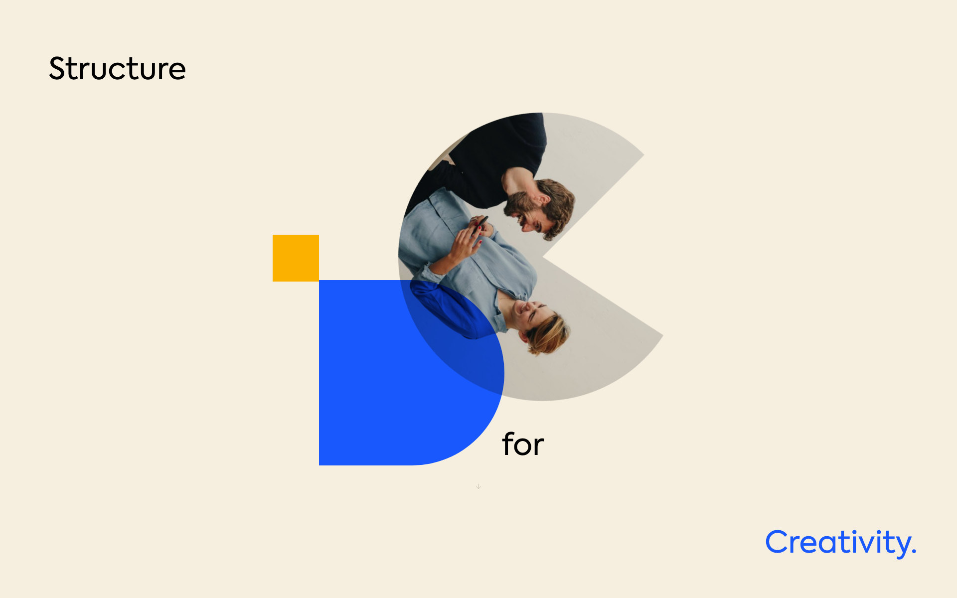 Square DC identity frames a photograph of two people in a geometric composition.