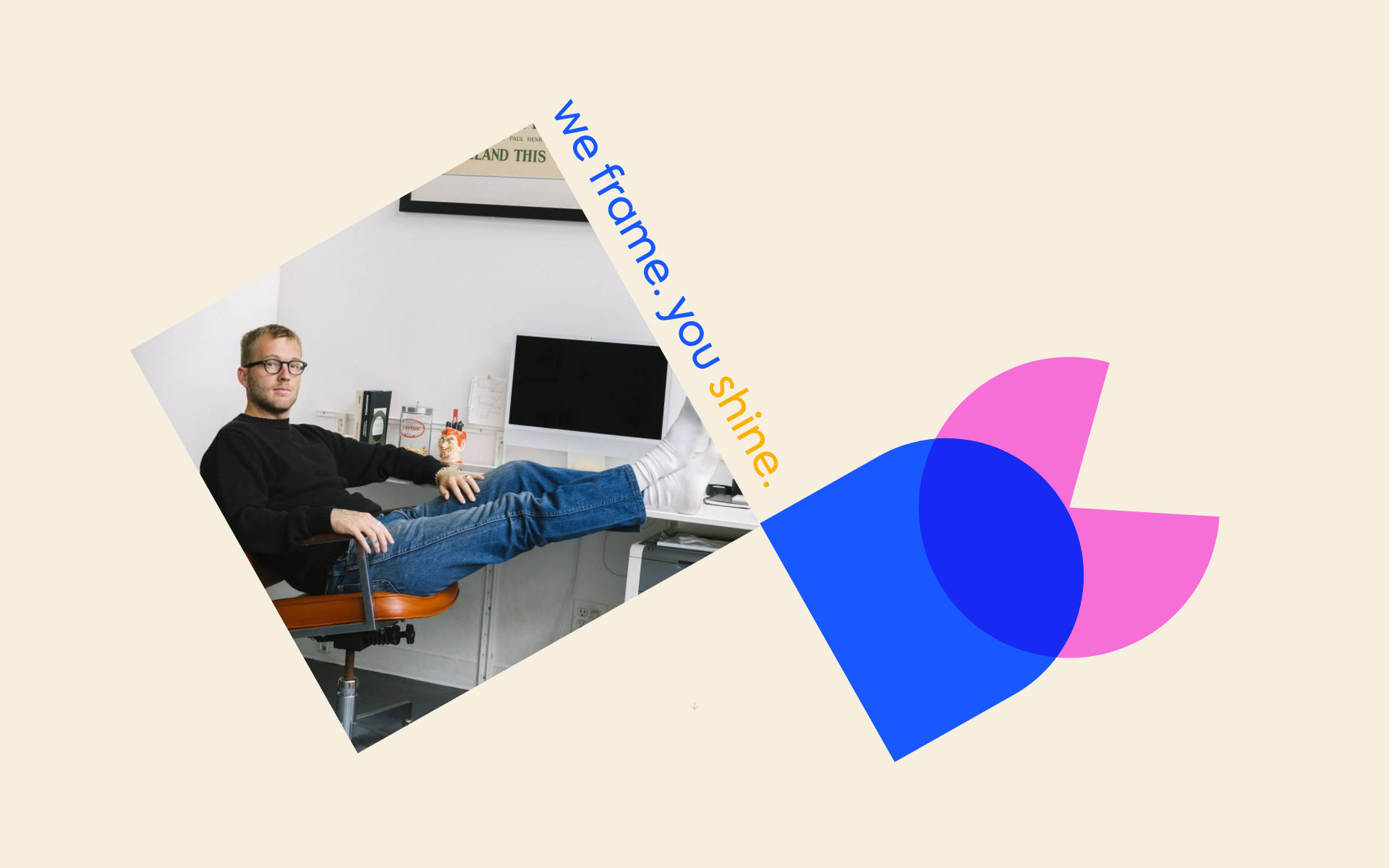 Square DC’s photographic campaign with bold blue, pink and yellow identity shapes.
