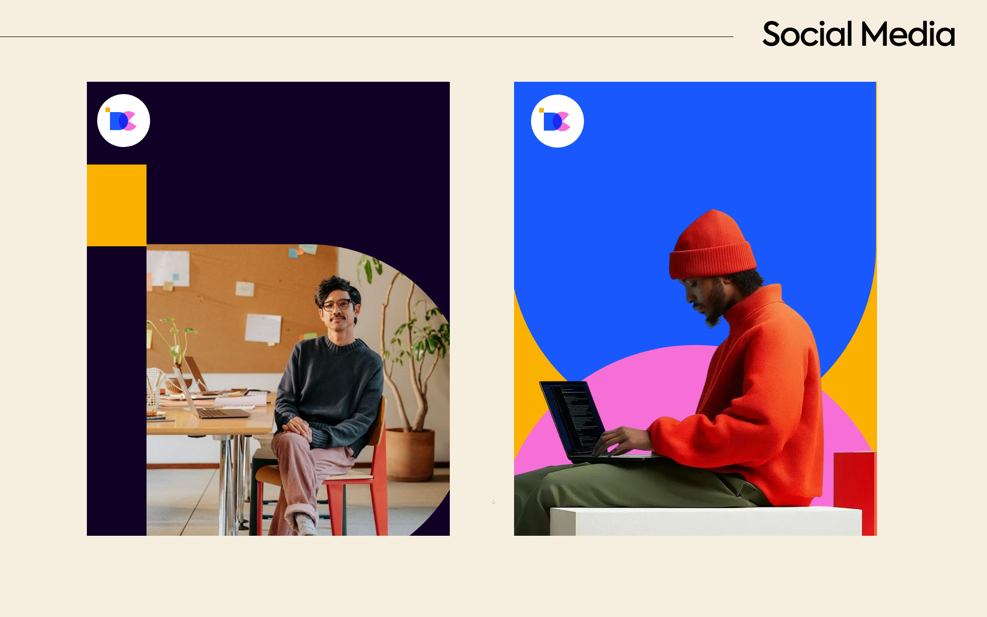 Square DC social applications pair photography with blue, yellow and deep purple shapes.