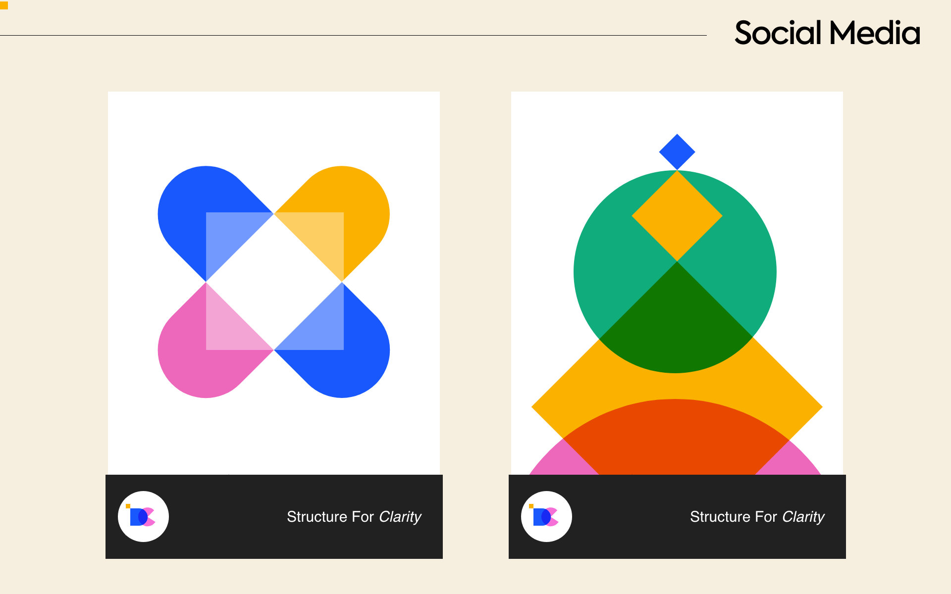 Two social compositions made from colourful geometric forms.