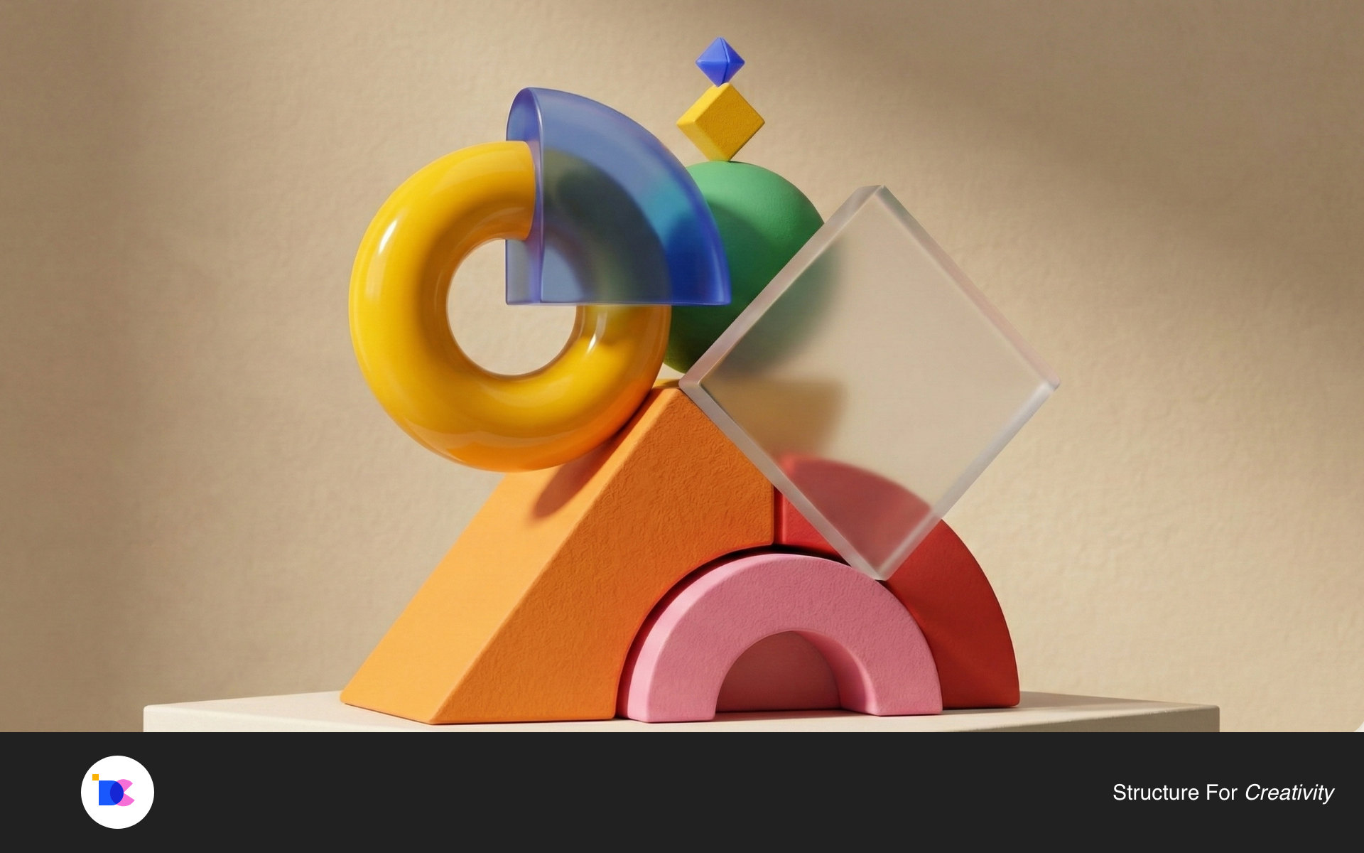 Ceramic and glass shapes balanced into a colourful sculptural stack.