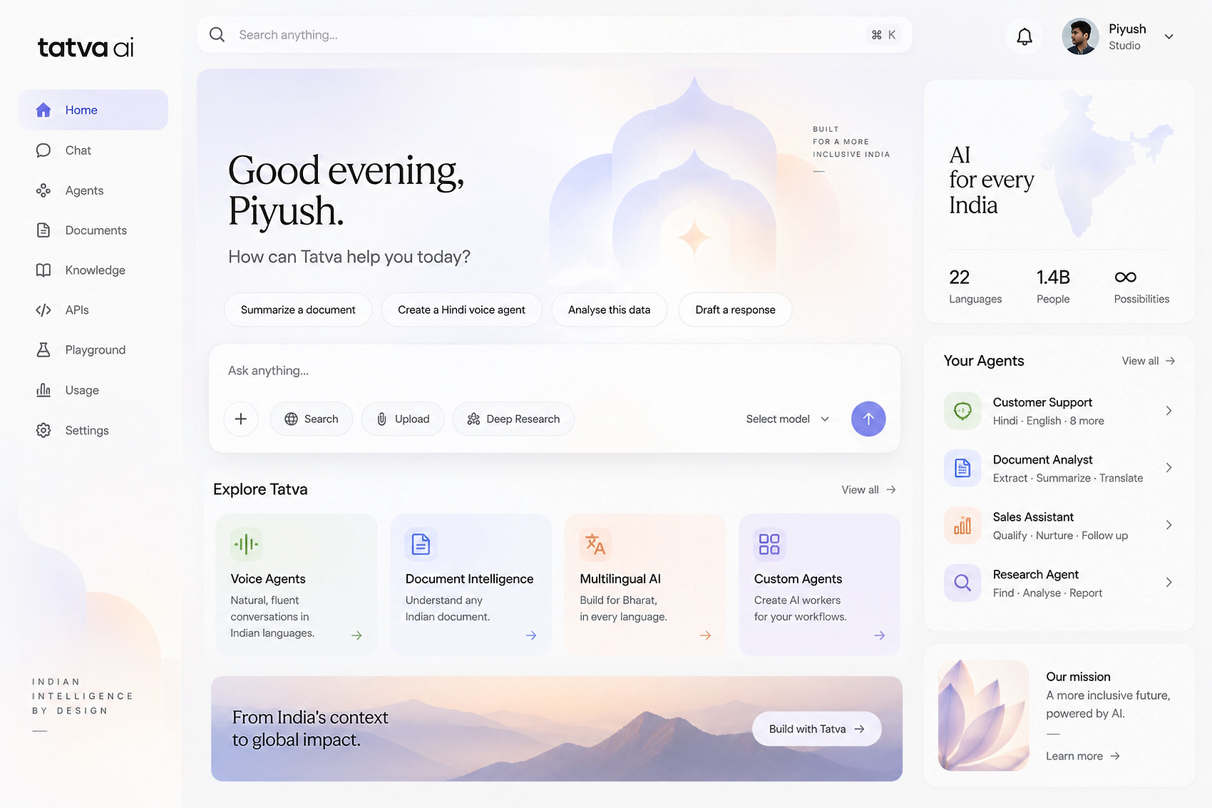 Tatva home screen with a personal welcome, question composer, four feature cards and an agents panel