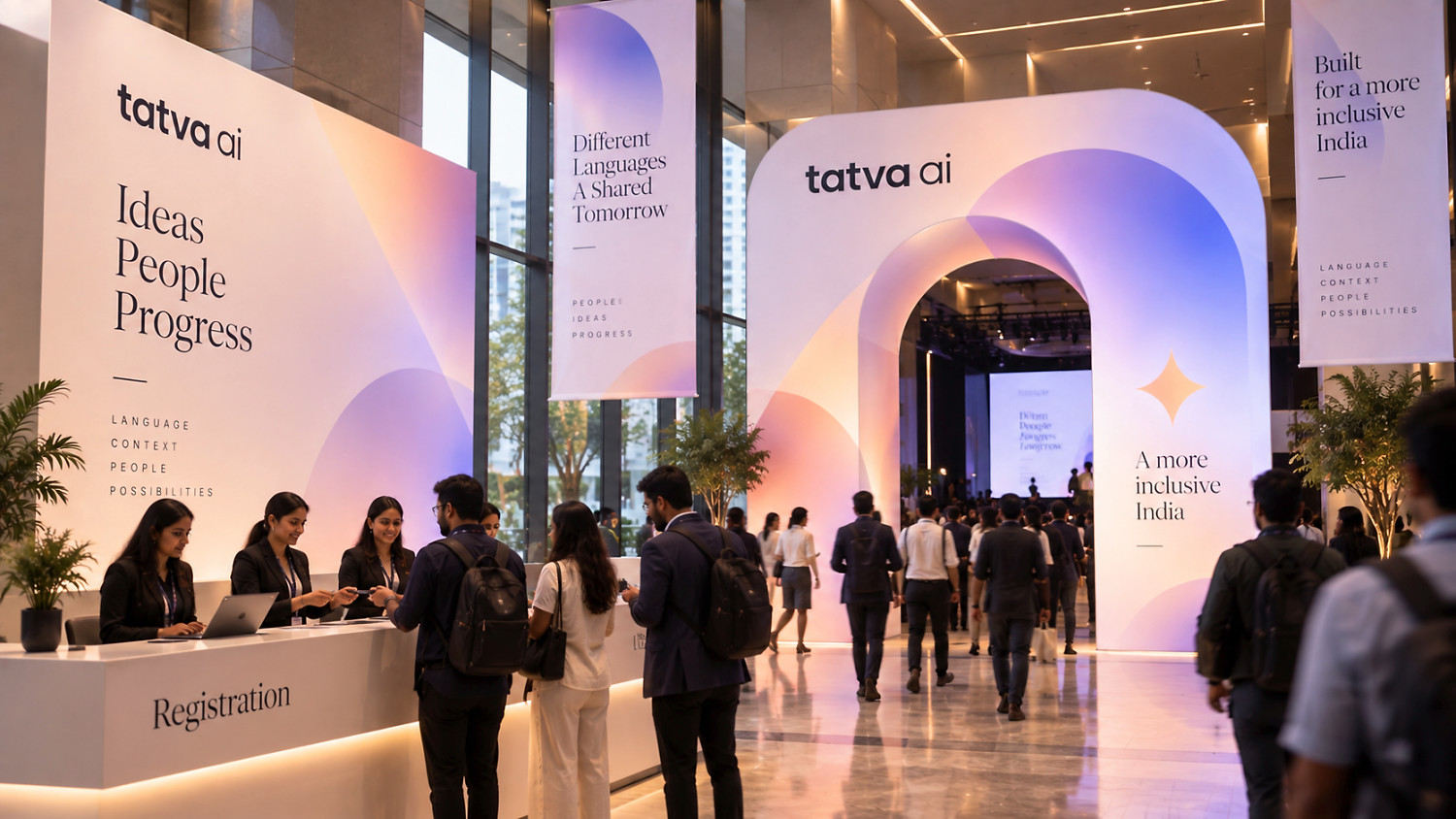 Tatva foyer visualisation with an illuminated arch and branded registration area