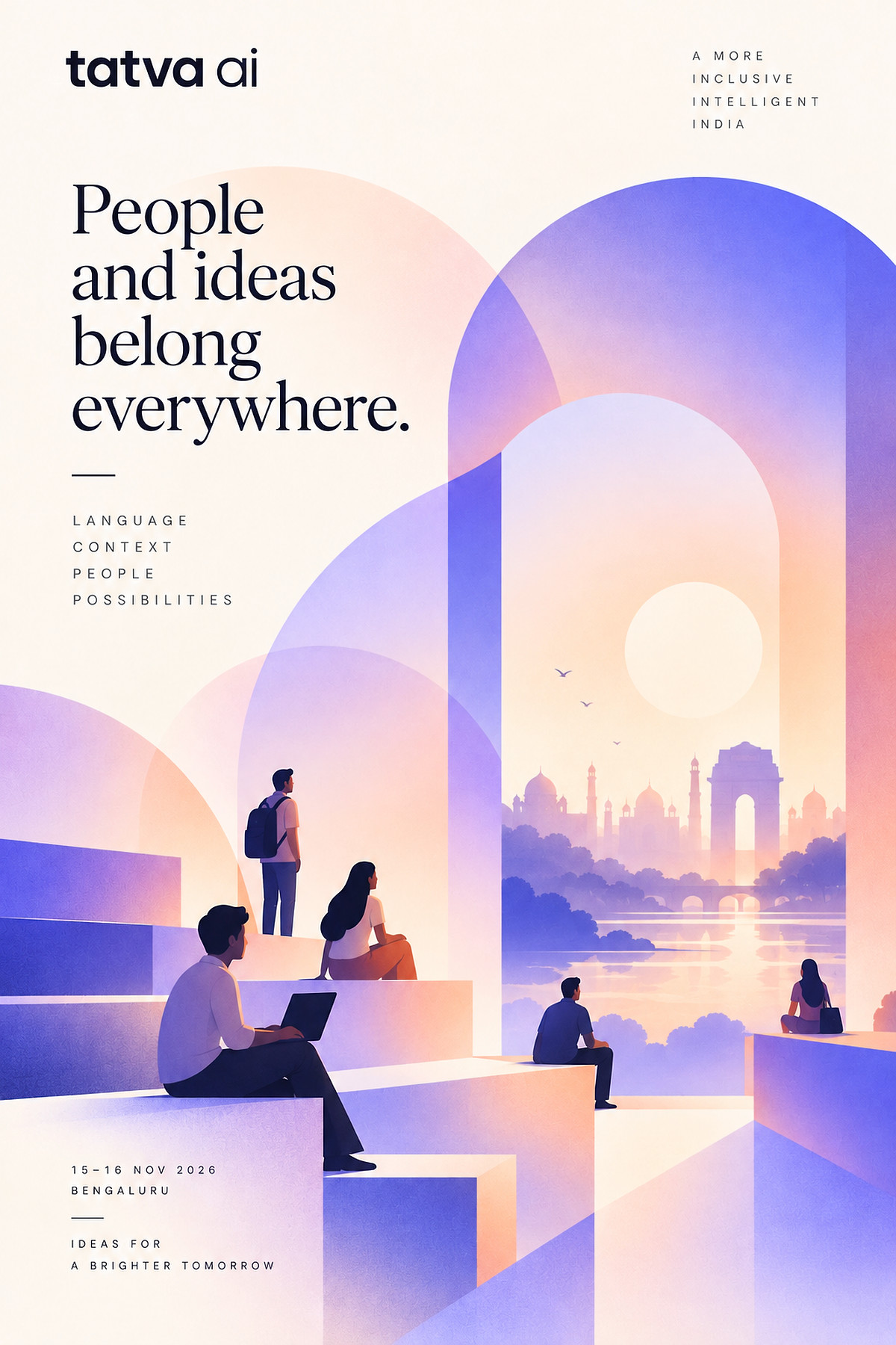 People gather on steps beneath “People and ideas belong everywhere.”