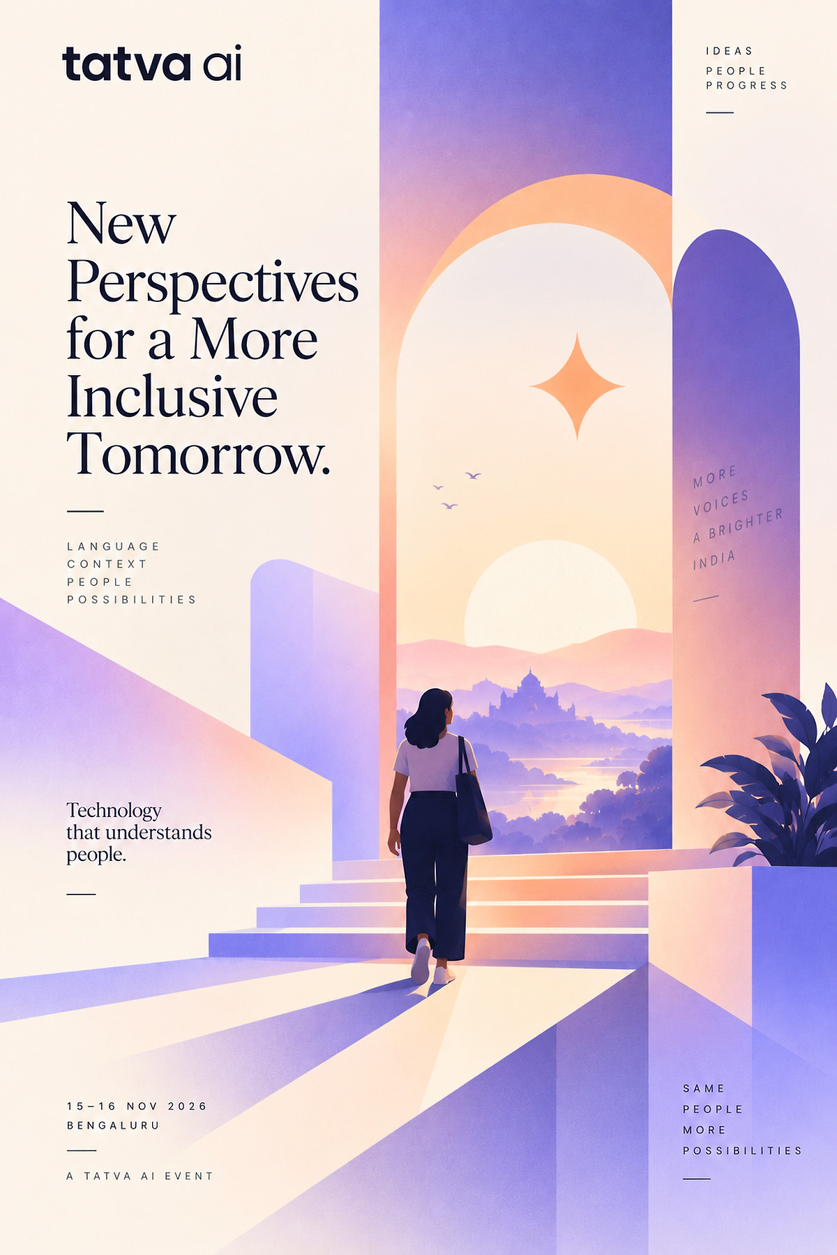 An illustrated figure walks toward a luminous arch beneath “New Perspectives for a More Inclusive Tomorrow.”