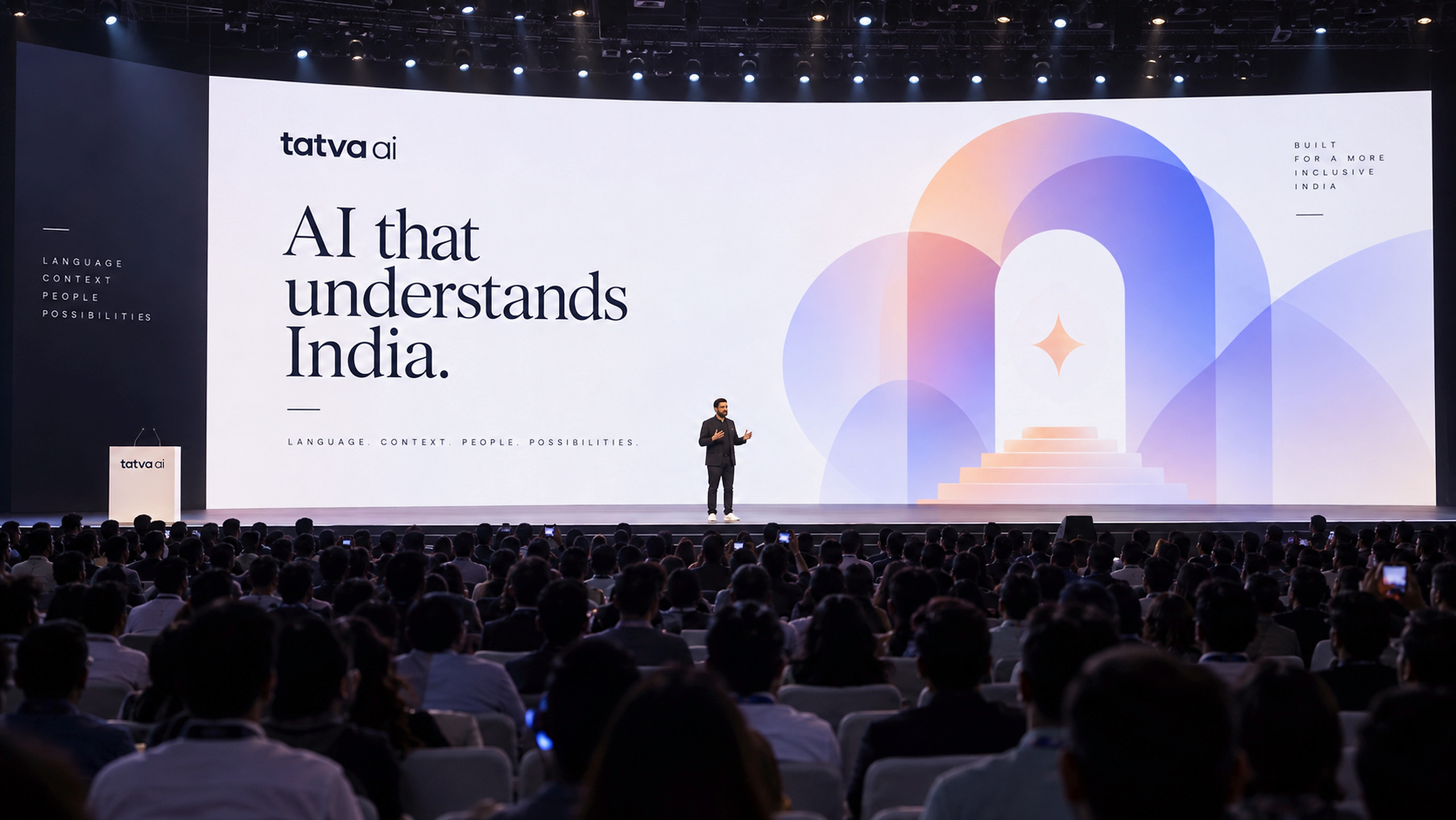 Tatva keynote stage visualisation with an illustrated arch and the headline AI that understands India