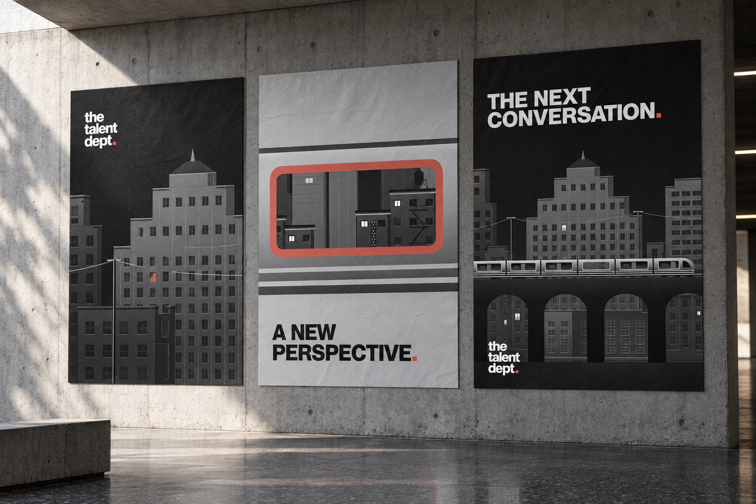 Three Talent Dept. campaign posters mounted on a concrete wall, featuring geometric city architecture, a coral train window and an elevated railway.