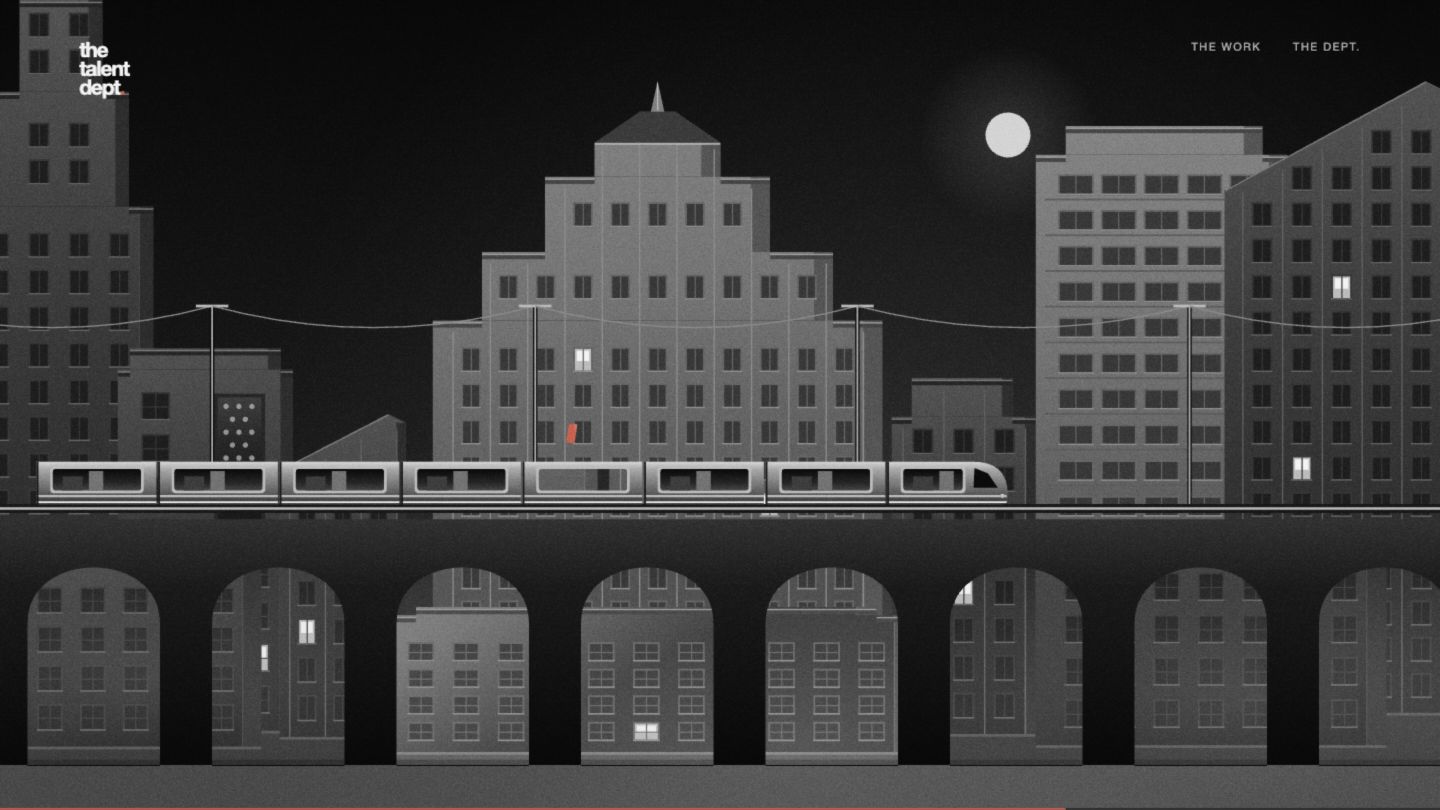 The Talent Dept. — a train travelling through a monochrome city